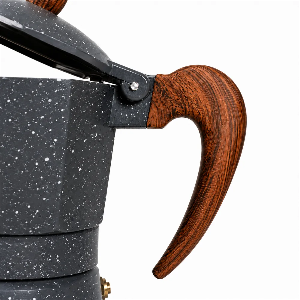 Close-up of the wooden-finish handle and hinge