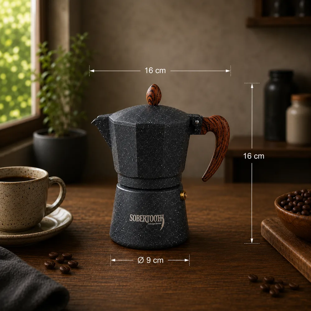 The moka pot with dimensions: 16 cm tall, 9 cm diameter