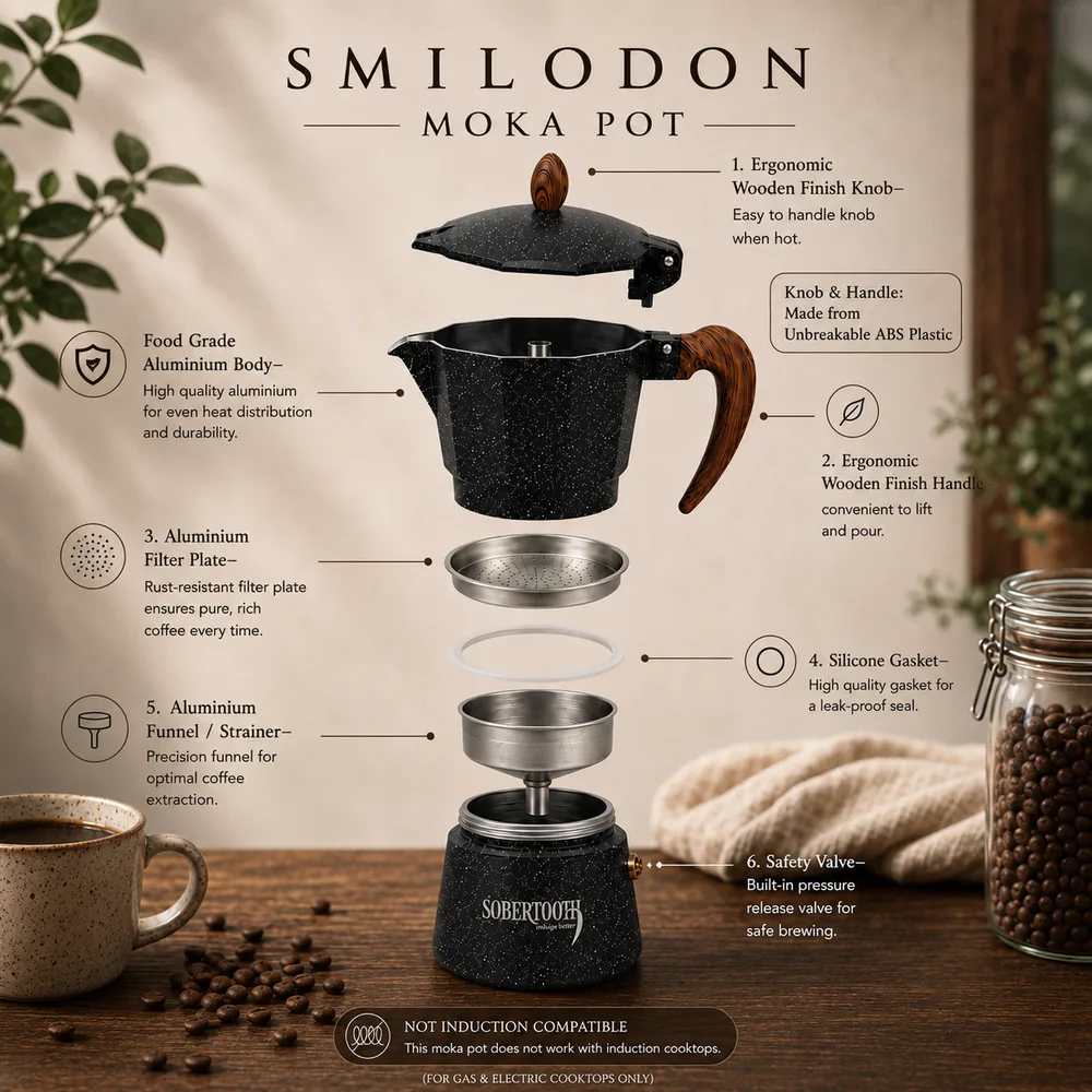 Exploded view of the Smilodon moka pot showing all six parts