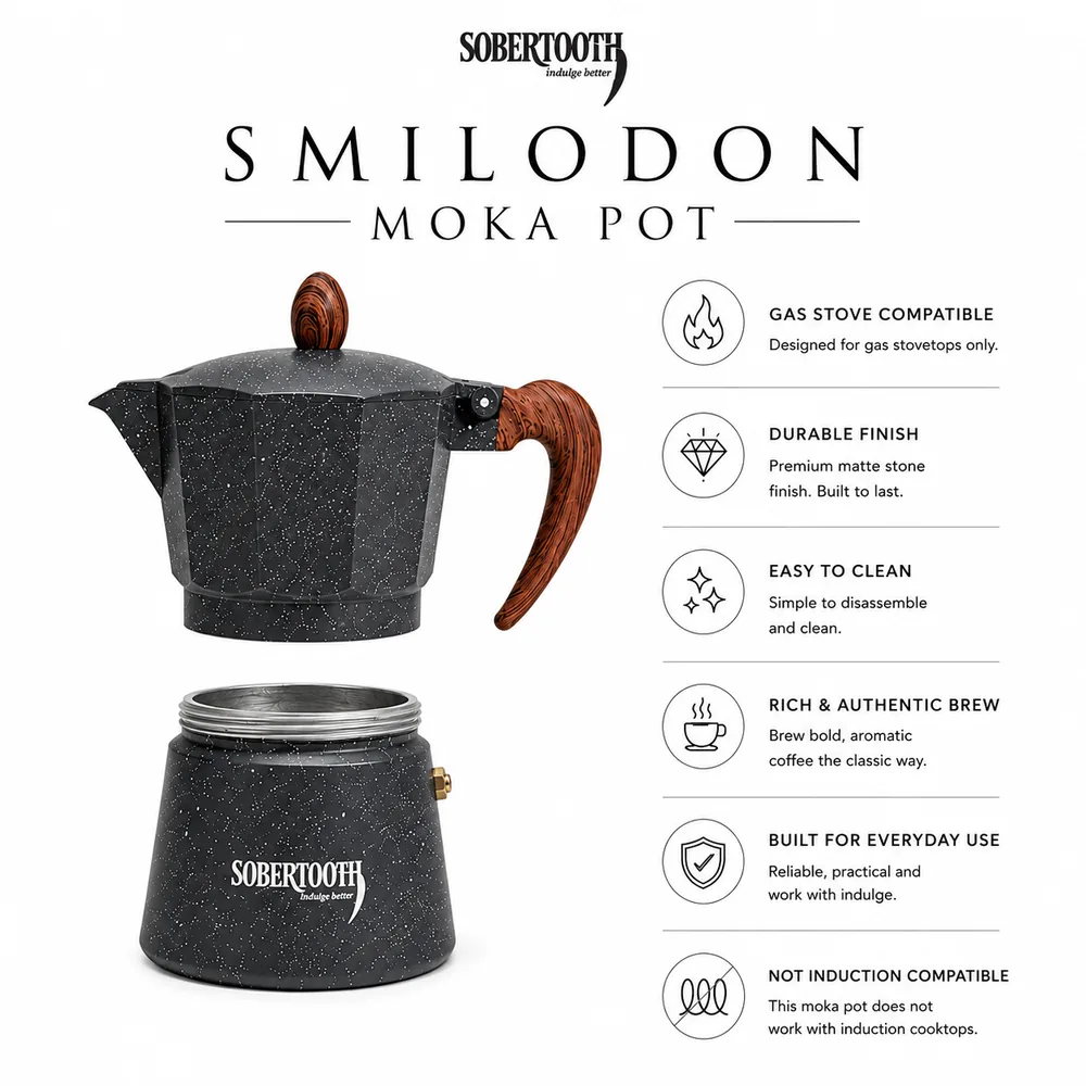 The moka pot features: gas compatible, durable finish, easy to clean, not induction compatible