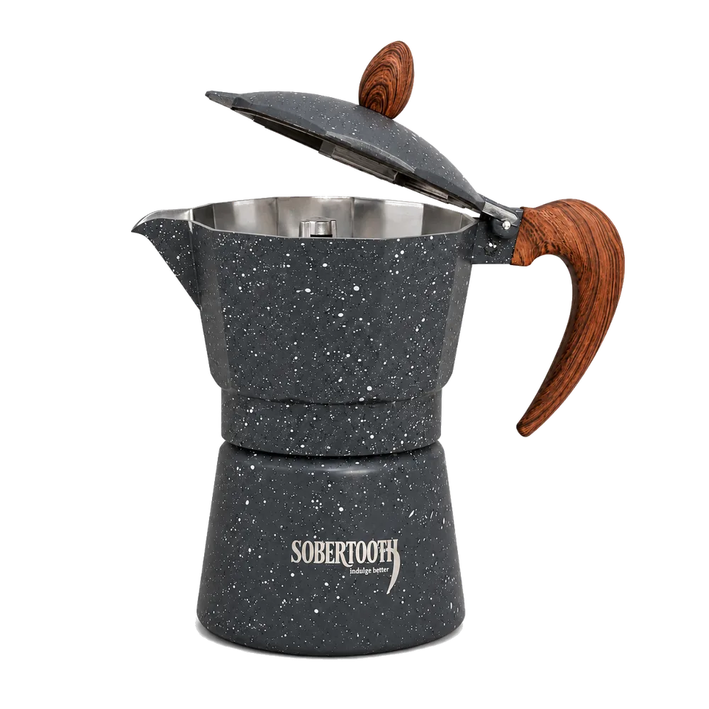 The Smilodon 3-cup moka pot with the lid open